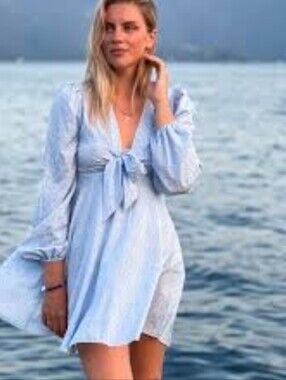SHEIN Light Blue Floral Tie-Front Long Sleeve Mini Dress